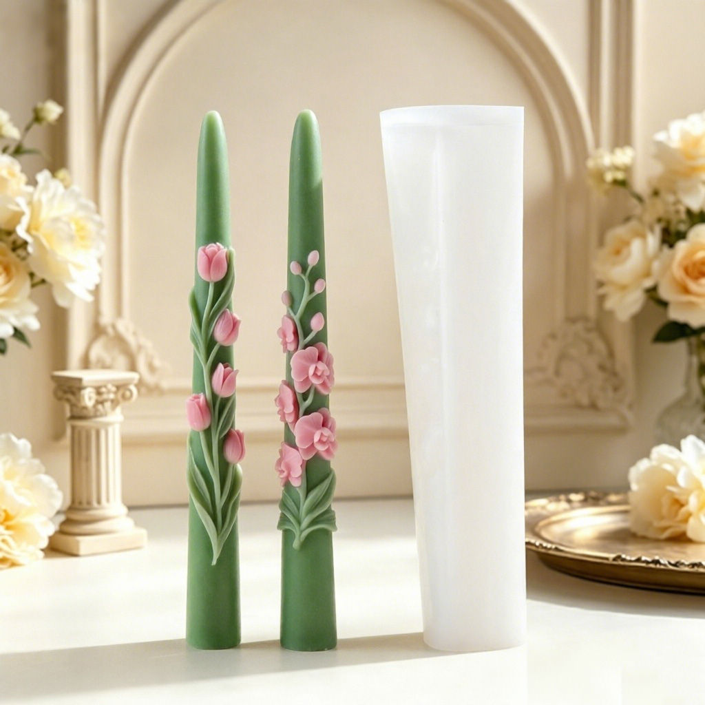 Candle Supplies Tins - แม่พิมพ์ซิลิโคนเทียนแท่งยาวลายดอกไม้ 3 มิติ ลายดอกทิวลิปและกล้วยไม้ สำหรับทำเทียนจากขี้ผึ้งถั่วเหลือง ของตกแต่งบ้าน