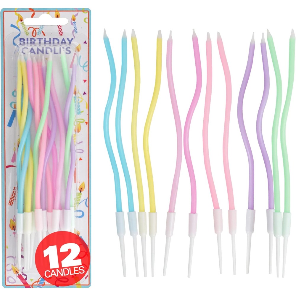 Candle Supplies Usa - ชุดเทียนวันเกิดลายเกลียวสีรุ้ง 12 ชิ้น พร้อมฐานวาง สีพาสเทล สำหรับตกแต่งงานปาร์ตี้และเบเกอรี่