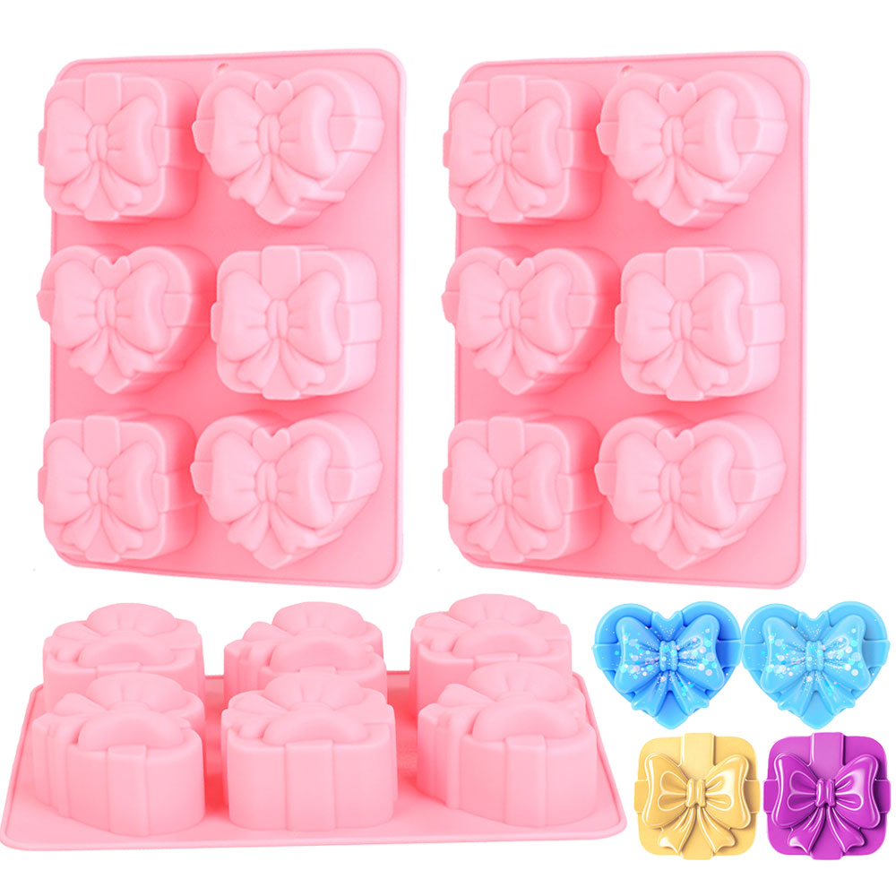Candle Supplies Tins - รูปหัวใจสแควร์แม่พิมพ์ซิลิโคน 6 Cavity Bow Design Handmade